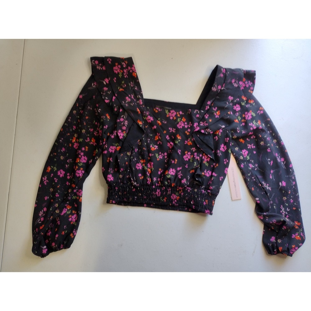 Aqua Girls Floral Print Long‎ Sleeve Ruffle Crop Top Black Multi L (10/12)